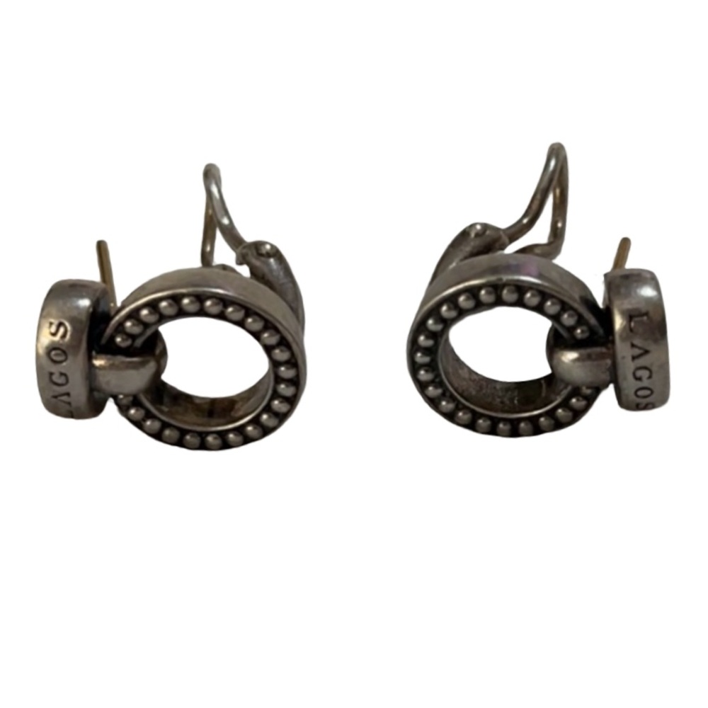 Sterling silver Caviar beaded circle earrings with a bar that details the LAGOS - Picture 6 of 9